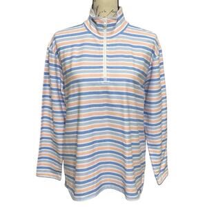 T by Talbots Quarter Zip Pullover Petite Size PL Blue Peach Stripe Mock Neck NEW